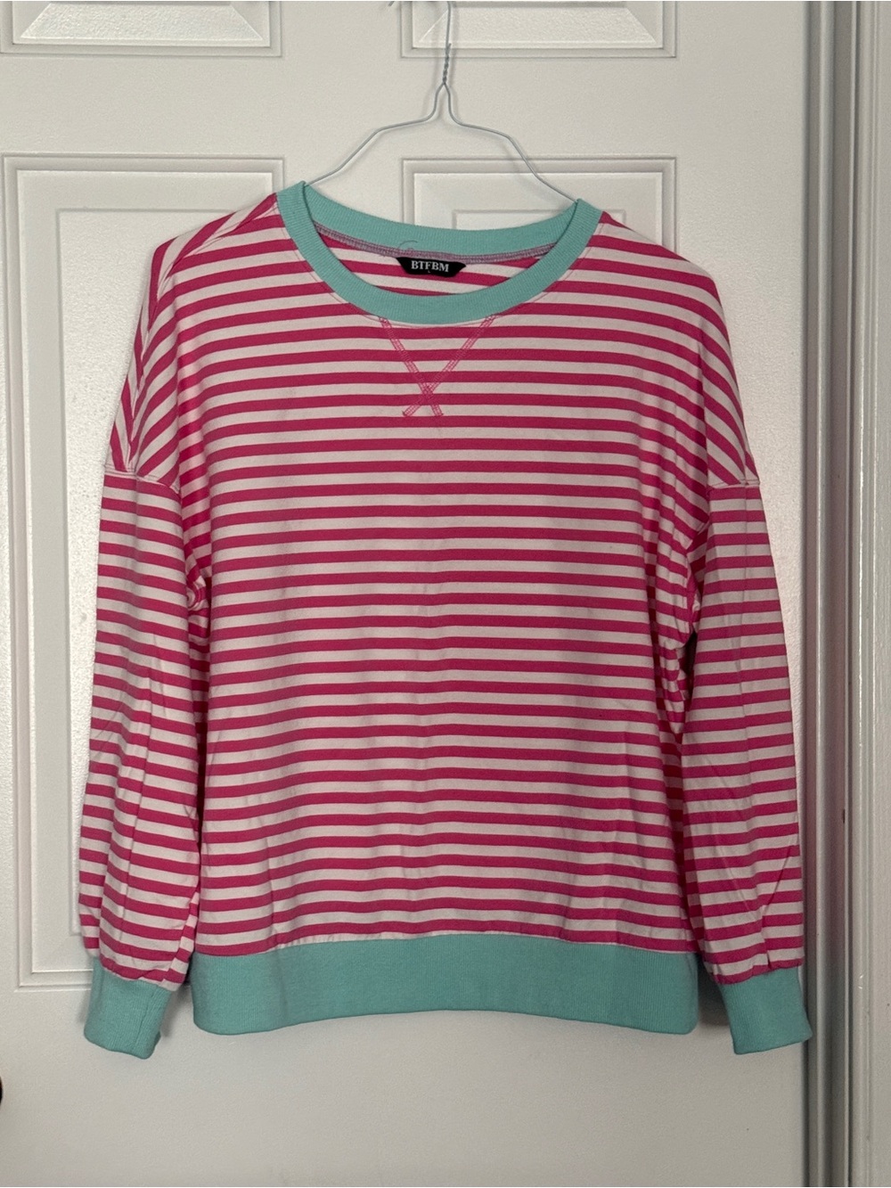 BTFMB Pink & White Striped Crewneck Sweater with light blue Trim